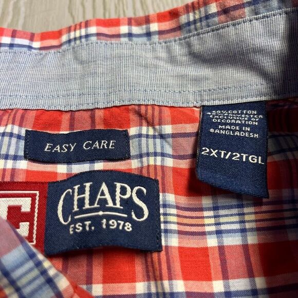 Chaps Red Blue Plaid Button Up Shirt Men's Size 2XT Short Sleeve Crest Easy Care - Picture 3 of 11